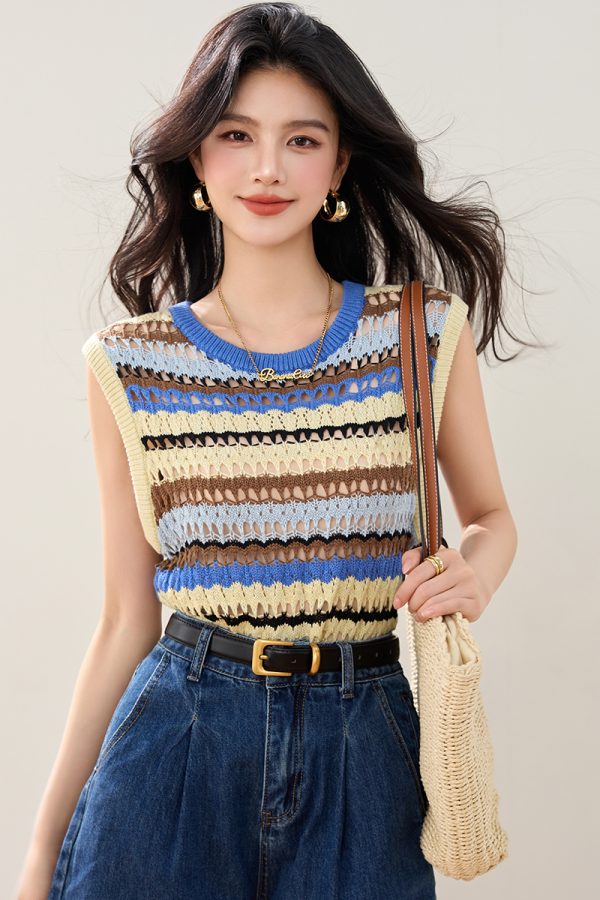 Stripe short hollow tops knitted sleeveless waistcoat