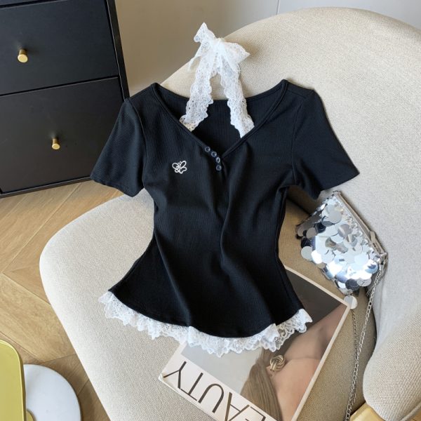Short sleeve embroidery tops enticement T-shirt